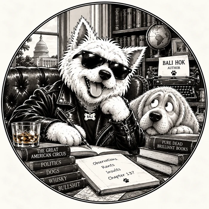 Official circular black-and-white author portrait of Bali Hok in sunglasses and leather jacket at his desk, with Bruce, books and a whisky