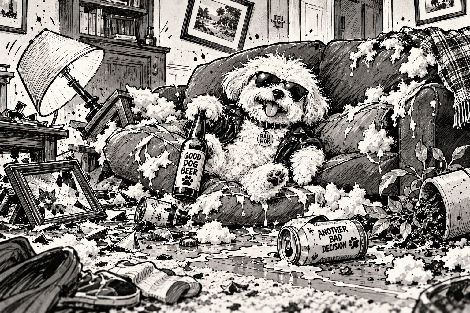 Black-and-white scene of Bali Hok in sunglasses amid a wrecked sofa, broken picture frames, spilled beer and general household destruction