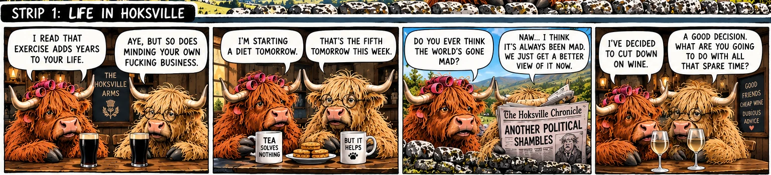 Four-panel Two Auld Coos comic: exercise and minding your own business, dieting, the world going mad and cutting down on wine