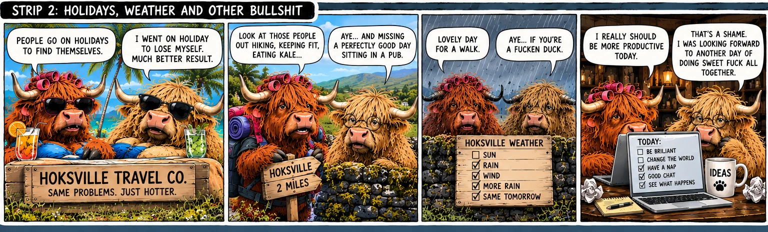 Four-panel Two Auld Coos comic: holidays, hikers, miserable weather and doing sweet fuck all